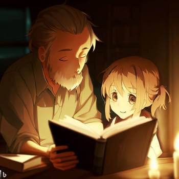 ロウソクの灯りで一緒に本を読む女の子1.jpg